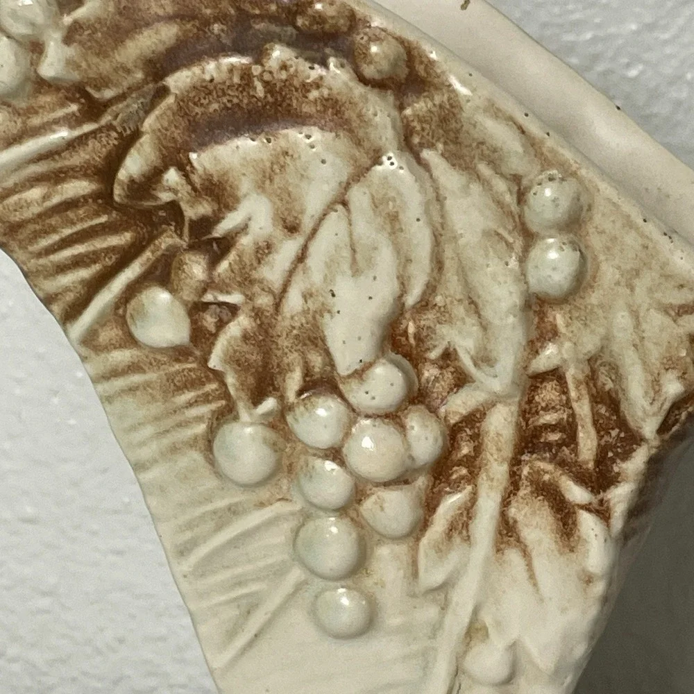 Vintage McCoy Art Pottery Vase Grapes & Leaves Light Blue & Brown Rustic 1940s